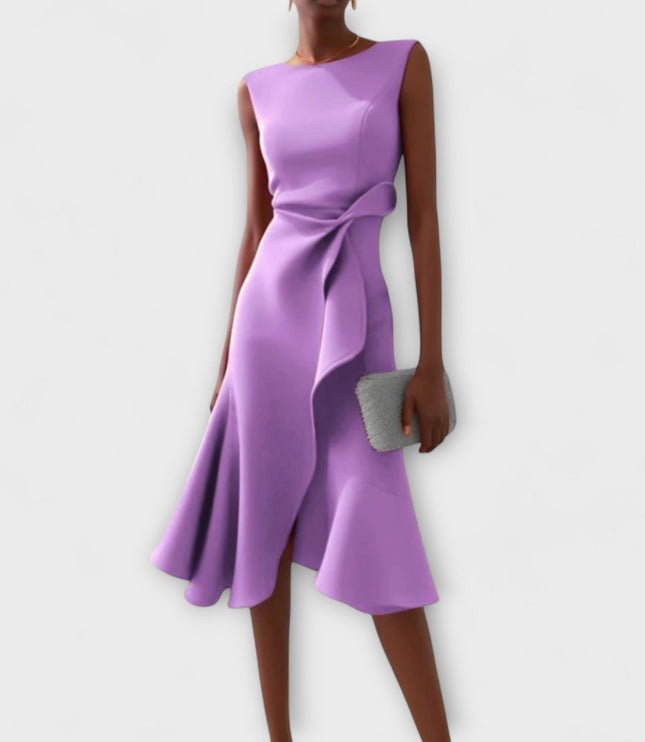 Vibrant lavender sleeveless midi dress with a modern draped asymmetric design, offering a chic look with its ruffled waist and flared hem.