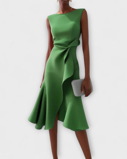 Forest green sleeveless midi dress for women, designed with an elegant draped asymmetric silhouette and a decorative ruffle detail on the side.