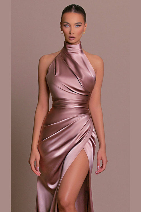 Close-up of the rose gold formal maxi dress, highlighting the draped halter neck and ruched waist detail.