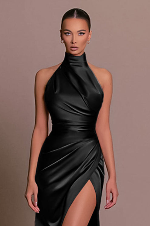 Detailed view of the black formal maxi dress, showcasing the high neck halter and intricate satin draping.