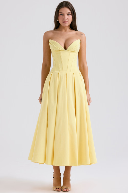 Front view of a women's strapless boned bodice pleated midi dress in light yellow