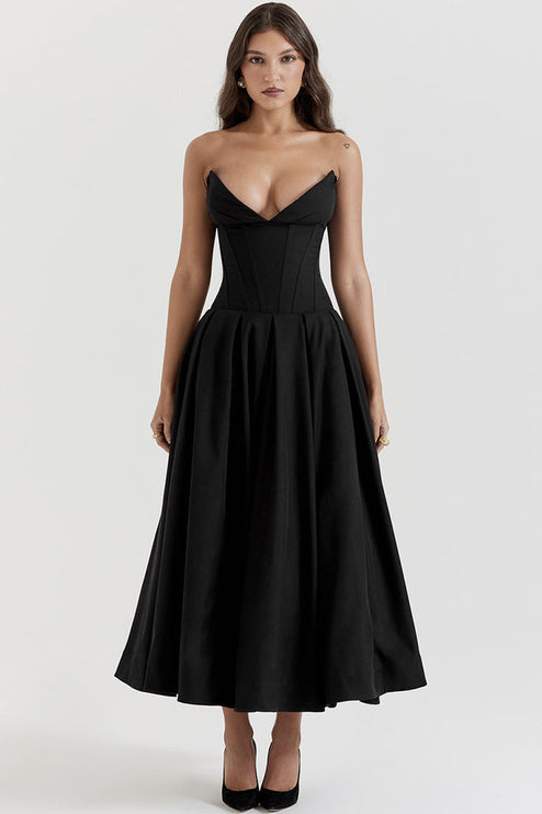 Black strapless boned bodice midi dress with pleated skirt and sweetheart neckline, front view.