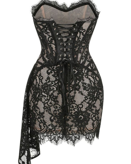 Back view of a black strapless lace corset mini dress featuring a lace-up detail and draped skirt.