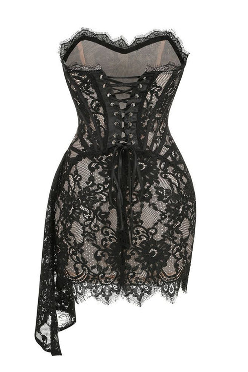 Back view of a black strapless lace corset mini dress featuring a lace-up detail and draped skirt.