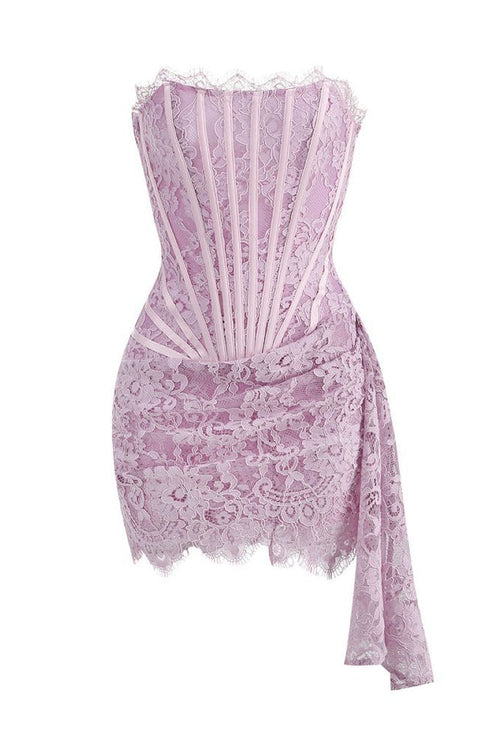 Front view of a light pink strapless lace corset mini dress with visible boning and elegant draped skirt.