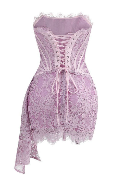Back view of a light pink strapless lace corset mini dress with a delicate lace-up back and draped lace skirt.