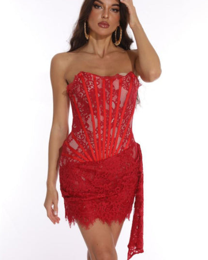 Front view of a vibrant red strapless lace corset mini dress with a draped side detail, for special occasions.
