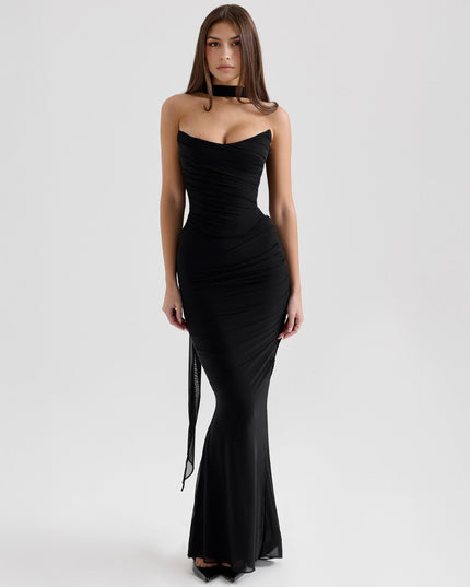 Front view of a black strapless mesh ruched maxi dress, featuring a high choker detail and body-hugging fit.