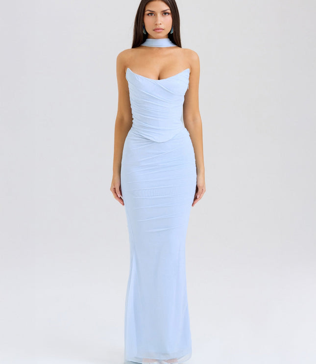 Full-length view of a light blue strapless mesh ruched maxi dress, ideal for wedding suits for women.