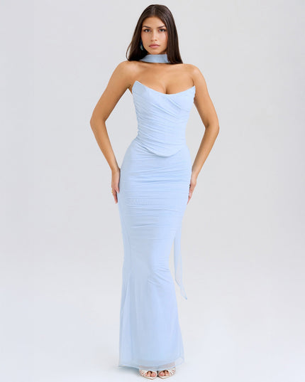 Front view of the light blue strapless mesh ruched maxi dress, emphasizing the ruched details.