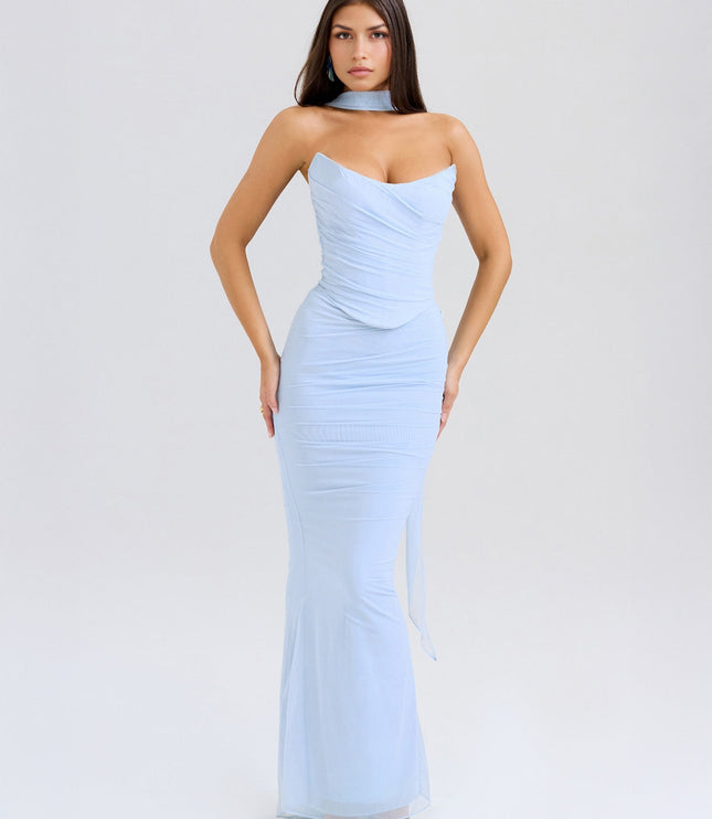 Front view of the light blue strapless mesh ruched maxi dress, emphasizing the ruched details.