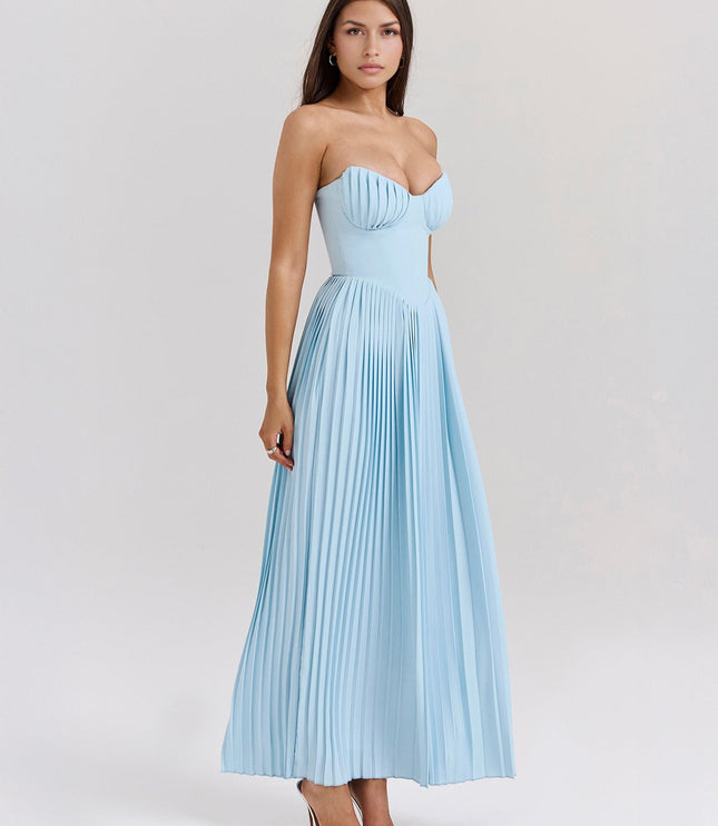 Side view of a light blue strapless pleated maxi dress, showcasing the elegant pleats and fitted bodice.