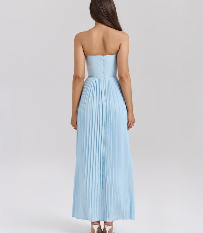 Back view of the light blue strapless pleated maxi dress, showing the full length of the skirt and zipper detail.