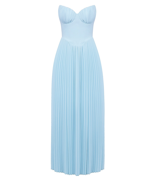 Front view of the light blue strapless pleated maxi dress on a white background, showcasing the full garment.