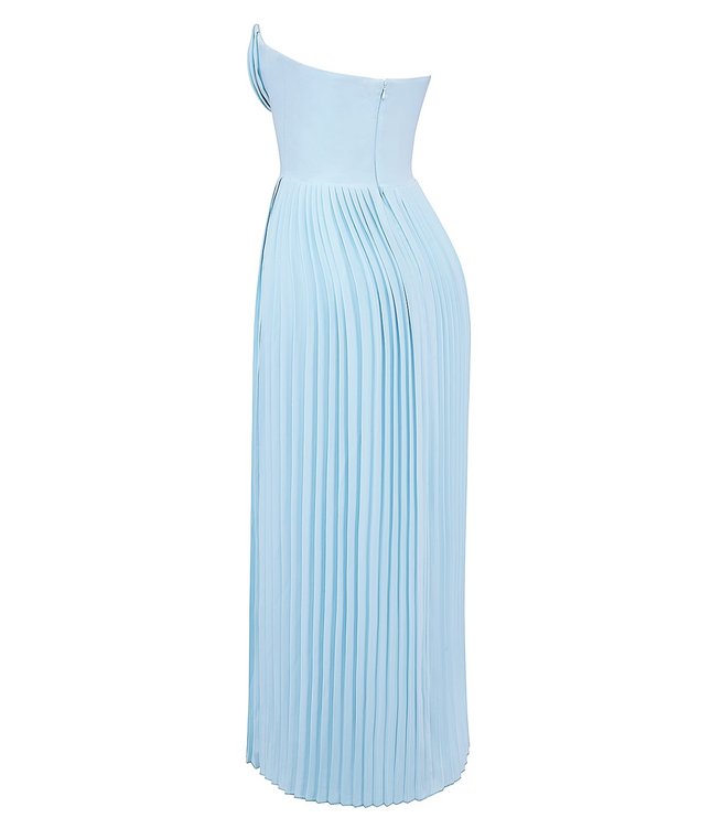 Side profile of the light blue strapless pleated maxi dress on a white background, highlighting the garment's cut.