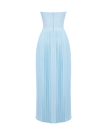 Back view of the light blue strapless pleated maxi dress on a white background, showing the zipper closure.