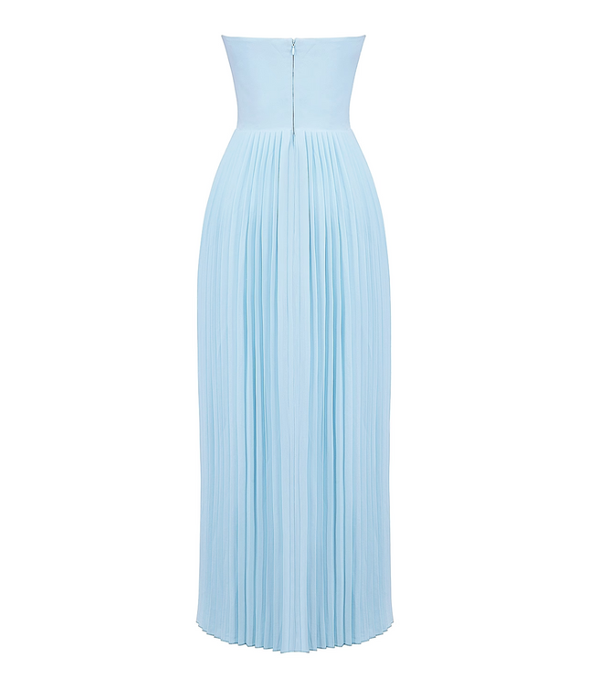 Back view of the light blue strapless pleated maxi dress on a white background, showing the zipper closure.