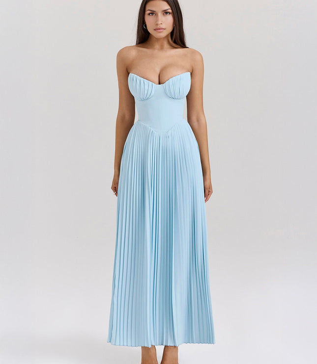 Light blue strapless pleated maxi dress for women, featuring a structured bustier top and a flowing full-length skirt.