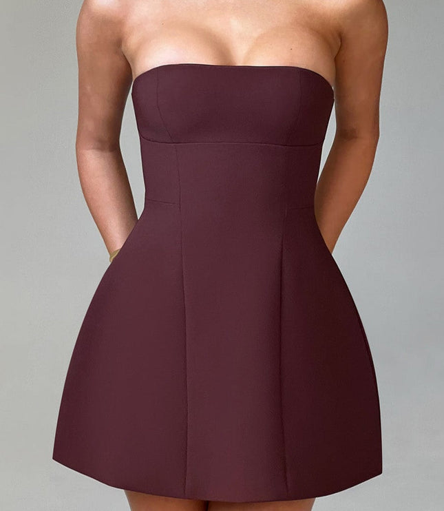 Detailed view of the dark brown strapless mini dress, emphasizing the bustline and skirt pleats.