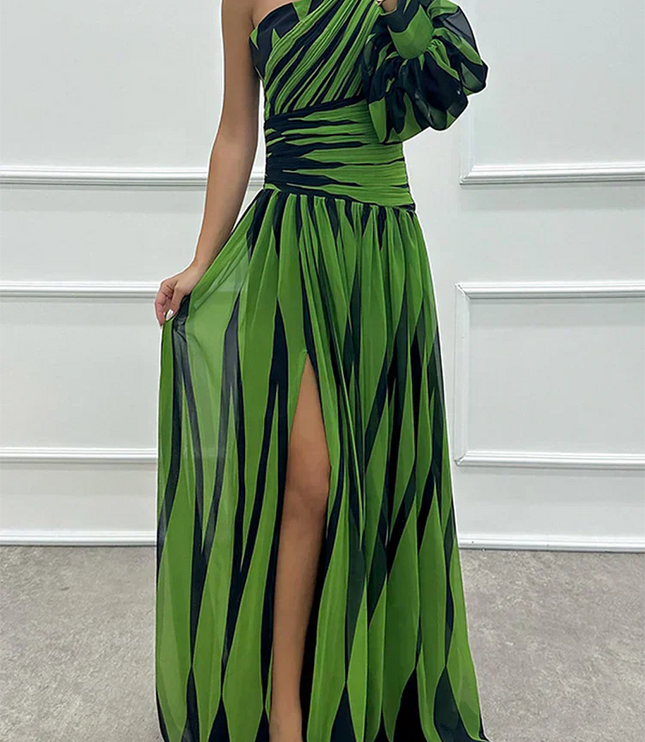 Green and black striped one-shoulder maxi dress for women, featuring a high leg slit and ruched waist