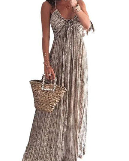 Women's summer backless striped U-neck maxi dress in a light beige color, shown on a white background.