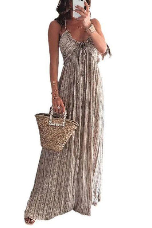 Women's summer backless striped U-neck maxi dress in a light beige color, shown on a white background.