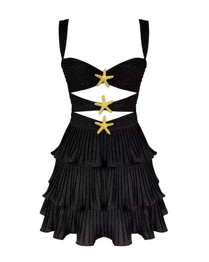 Black women's summer mini dress with gold starfish accents, cut-out waist, and tiered ruffle skirt