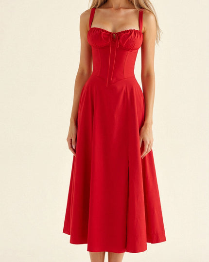 Front view of a red summer midi dress with corset bodice, bow front detail, and thin straps.