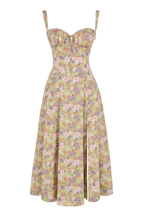 Flat lay of a green floral corset bow front midi dress with pink and purple flower patterns.