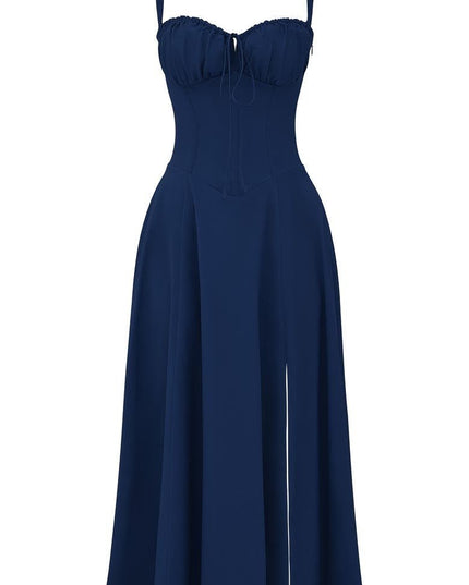 Flat lay of a navy blue corset bow front midi dress, showcasing the solid color and elegant cut.