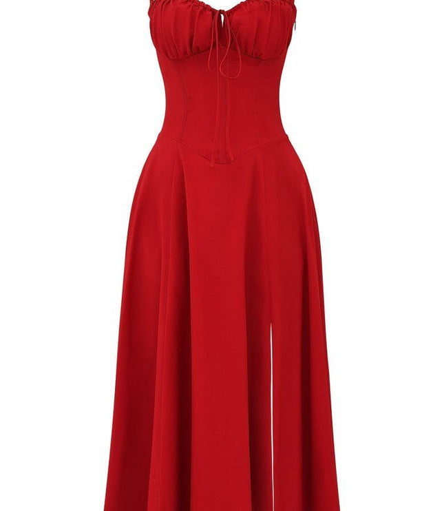 Red summer corset midi dress with bow front, spaghetti straps, and a subtle side slit, for warm weather.