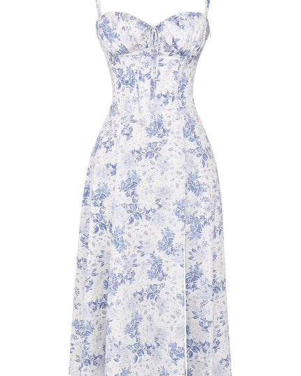 White summer floral corset midi dress with blue flower print, bow front detail, and a A-line skirt.