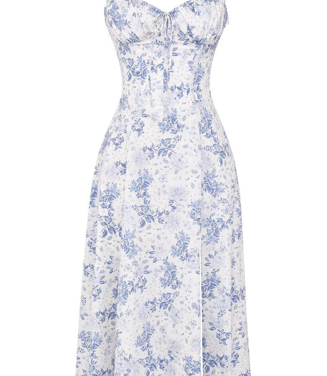 White summer floral corset midi dress with blue flower print, bow front detail, and a A-line skirt.