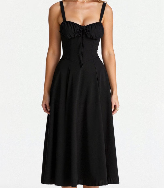Front view of an all black corset bow front midi dress, featuring a silhouette.