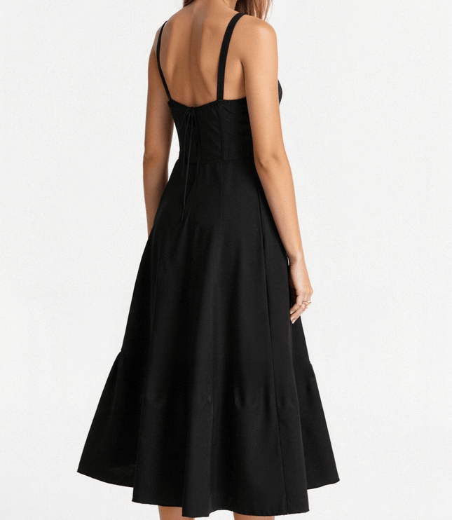 Back view of the black corset midi dress, highlighting the adjustable straps and elegant drape.