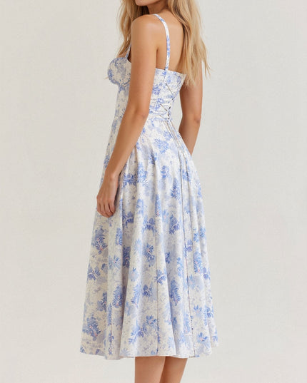 Back view of the white and light blue floral corset midi dress, showing the lace-up back detail.