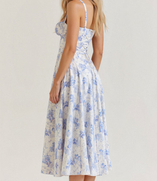 Back view of the white and light blue floral corset midi dress, showing the lace-up back detail.