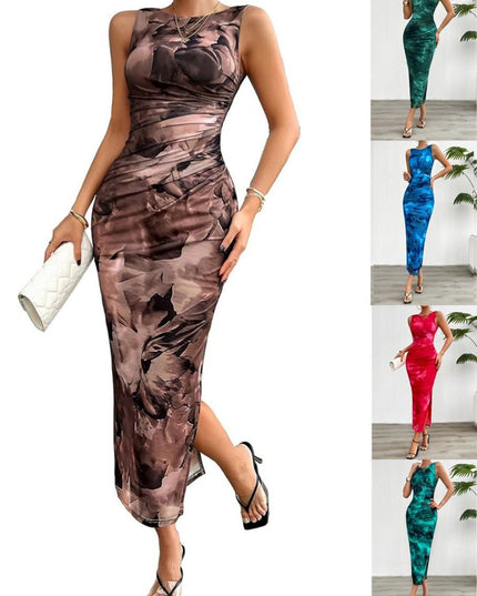 Collage showing a brown gradient print midi dress with ruched sides, alongside smaller images of the dress in green, blue, and red.