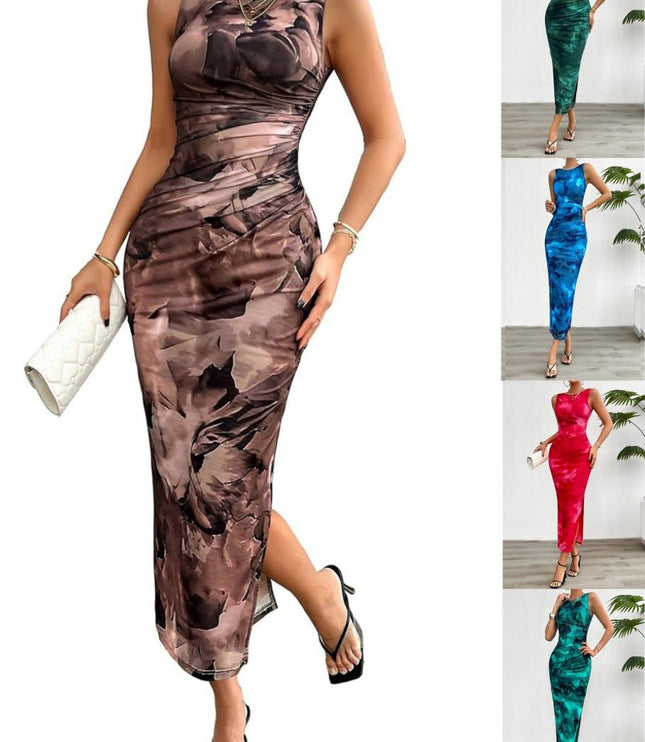 Collage showing a brown gradient print midi dress with ruched sides, alongside smaller images of the dress in green, blue, and red.