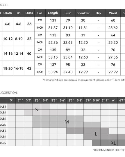 Detailed size chart for women's midi dresses, showing measurements in CM and INCH for length, bust, shoulder, hip, waist, and sleeve.