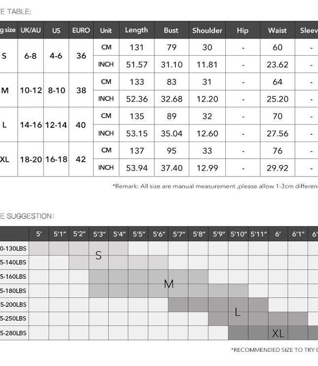 Detailed size chart for women's midi dresses, showing measurements in CM and INCH for length, bust, shoulder, hip, waist, and sleeve.