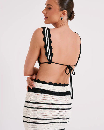 Close-up back view of the women's striped crochet crop top, highlighting the tie-back detail and scalloped straps of the two piece set.