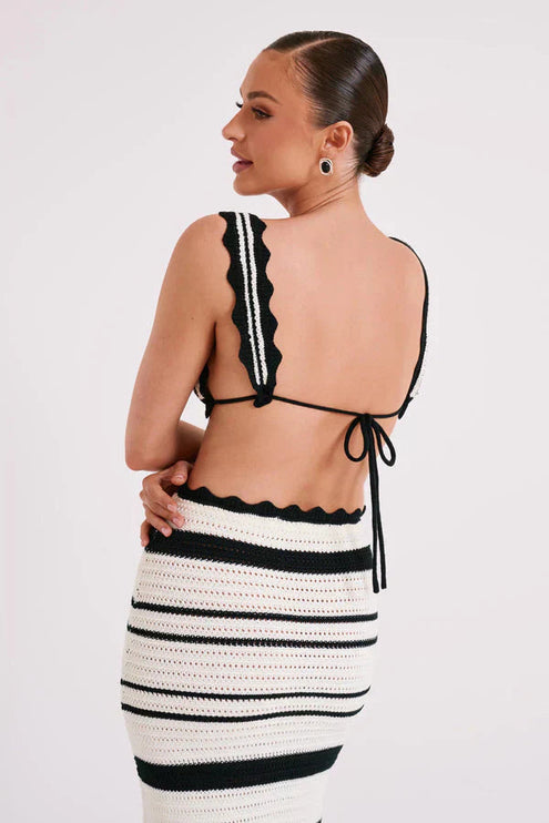 Close-up back view of the women's striped crochet crop top, highlighting the tie-back detail and scalloped straps of the two piece set.
