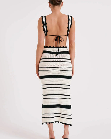 Full back view of the women's summer striped crochet two piece maxi set, showcasing the black and white pattern and open back design.