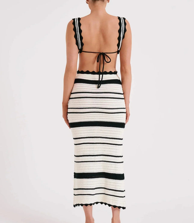 Full back view of the women's summer striped crochet two piece maxi set, showcasing the black and white pattern and open back design.