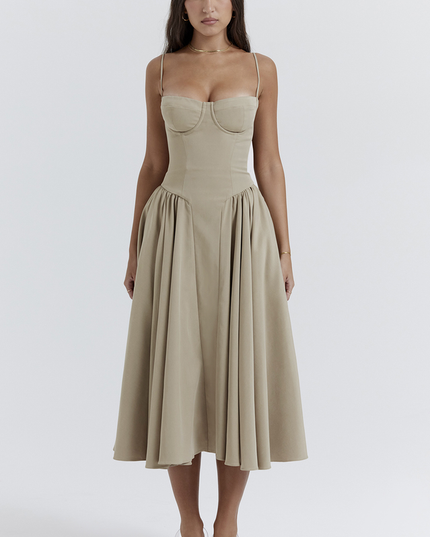 Front view of a women's light khaki sweetheart neck corset midi dress with a full skirt, ideal for summer events.