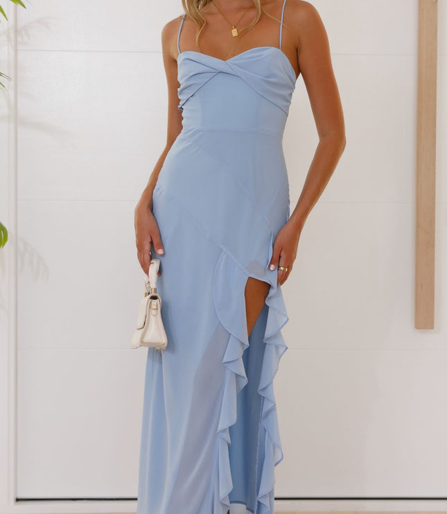 Light blue midi dress for women, featuring a ruffled split, delicate spaghetti straps, and a twisted bust detail, for a summer wedding guest.