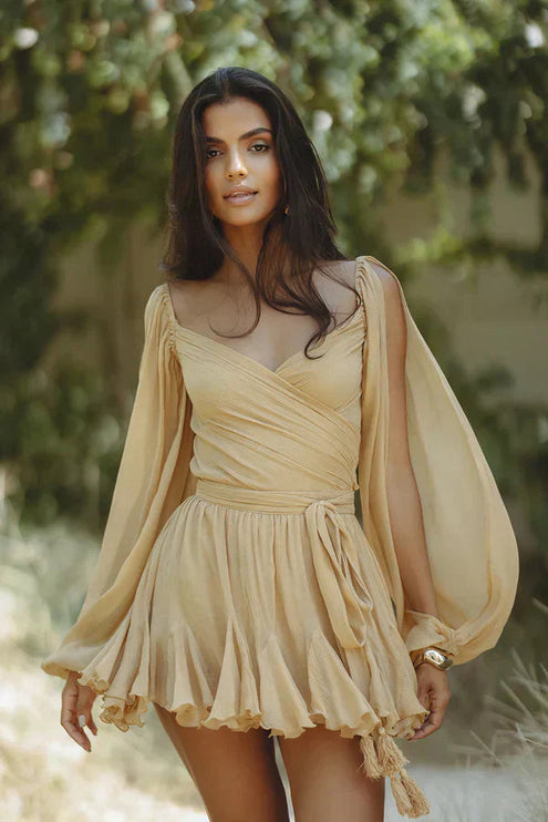 Light beige V-neck mini dress with long open sleeves, a wrap front, and a flounced skirt.