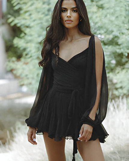 Women V Neck Long Sleeve Ruffle Tie Waist Mini Dress - product image 3