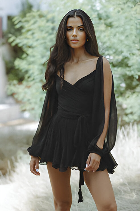Women V Neck Long Sleeve Ruffle Tie Waist Mini Dress - product image 3